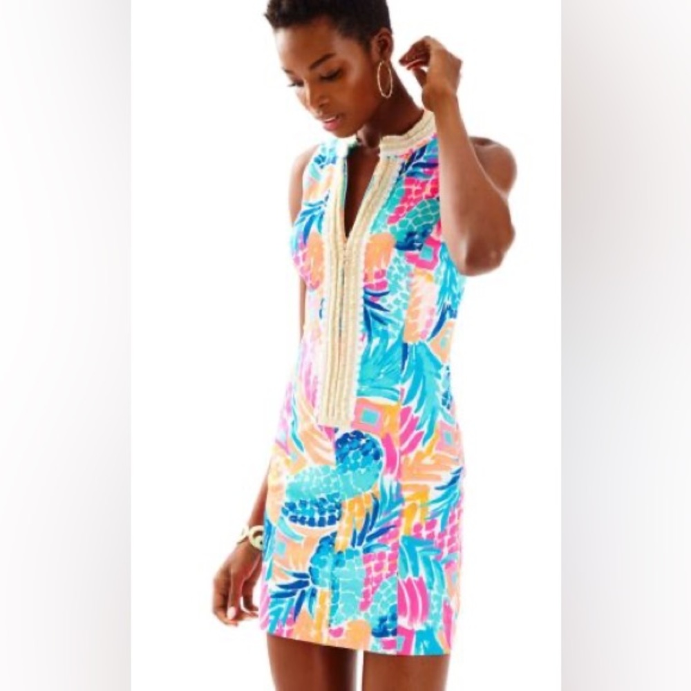 Lilly Pulitzer Alexa Shift with gold fringe and bamboo zipper